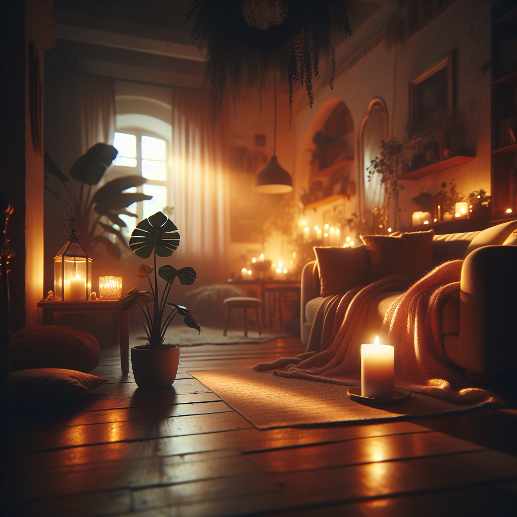 Gemütliches Wohnzimmer mit warmem Abendlicht und sanft flackernder Kerze in der Ecke.