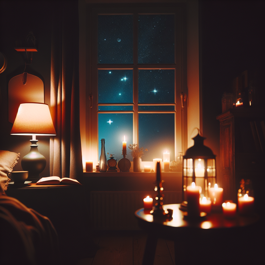 ~ Ein dunkler Raum erleuchtet durch eine flackernde Kerze und sanftes Lampenlicht, Sternenhimmel sichtbar durch ein Fenster ~