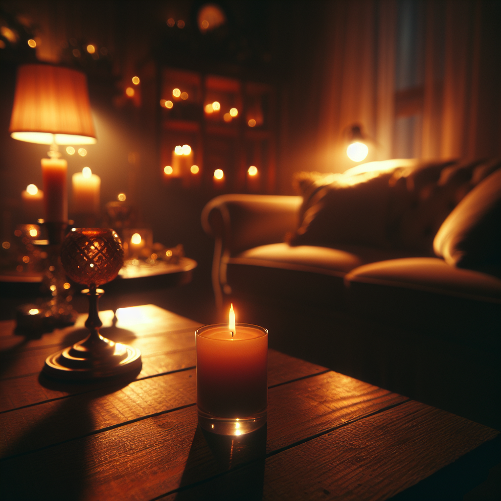 Warme Abendstimmung mit flackernder Kerze auf Tisch, Sofa im Hintergrund, sanfte Schatten im Raum