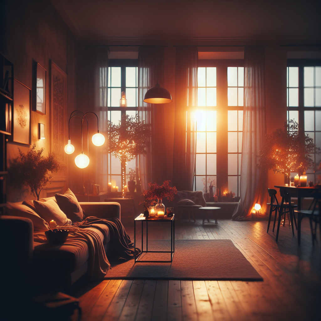Ein warm erleuchtetes Wohnzimmer mit weichem Abendlicht, das durch die Fenster fällt, eine gemütliche Atmosphäre.