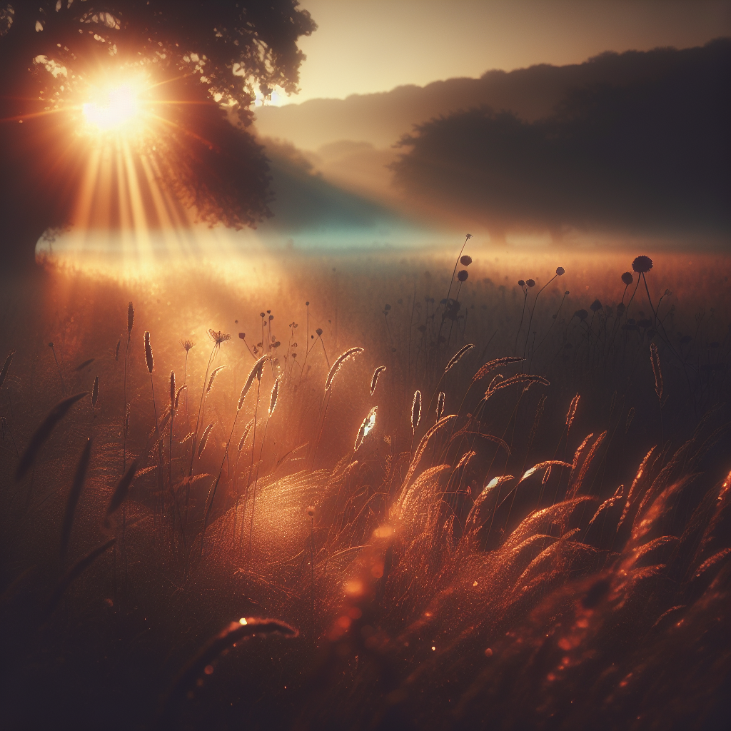 ~ Ein ungarisches Feld im Morgenlicht, Sonnenstrahlen, die sanft auf das Gras fallen ~