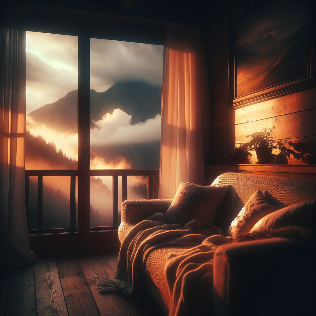 ~ Ein gemütliches Sofa in warmem Abendlicht, durch Fenster Wolken und Berggipfel sichtbar ~