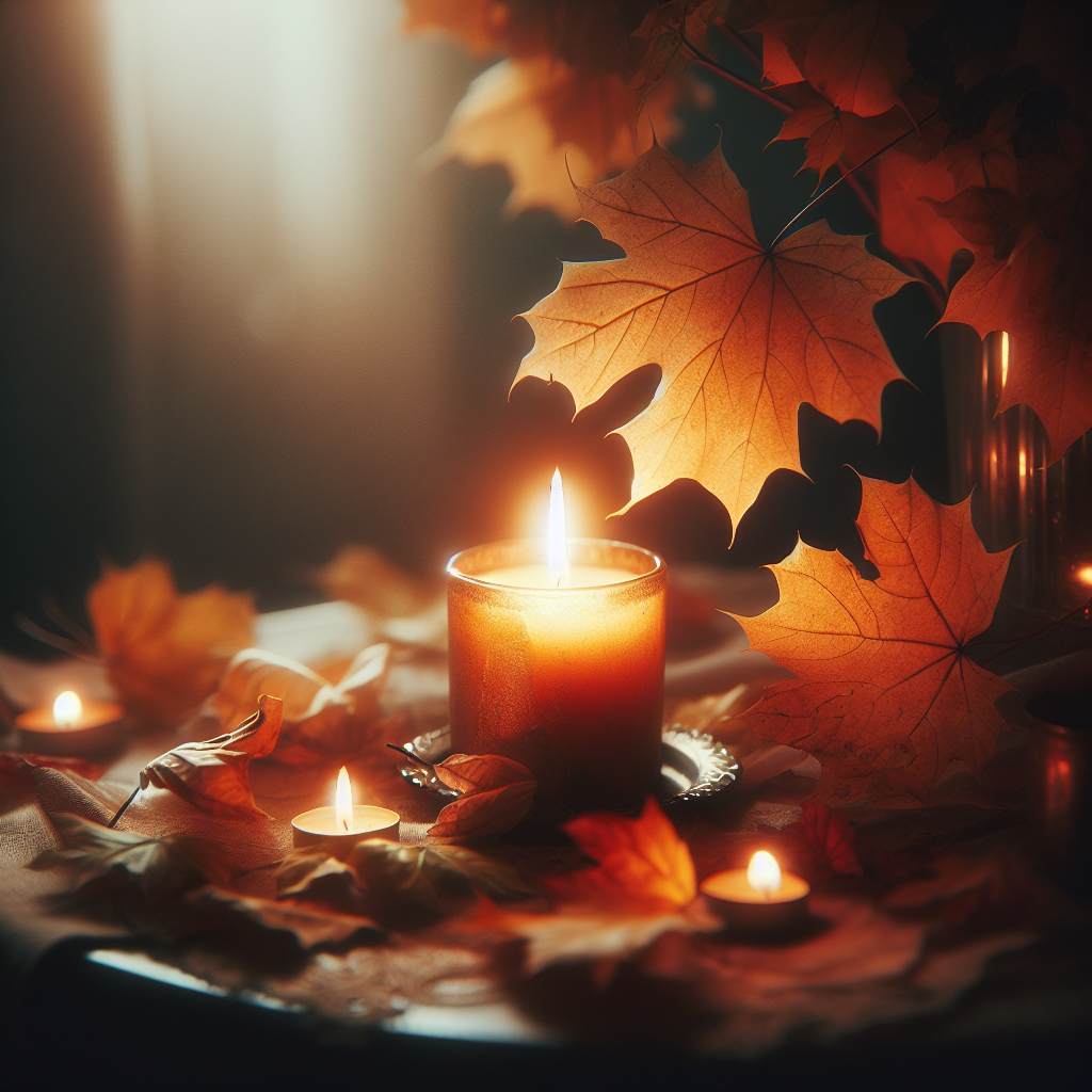~ Sanftes Licht einer flackernden Kerze auf einem Tisch, umgeben von herbstlichen Blättern ~