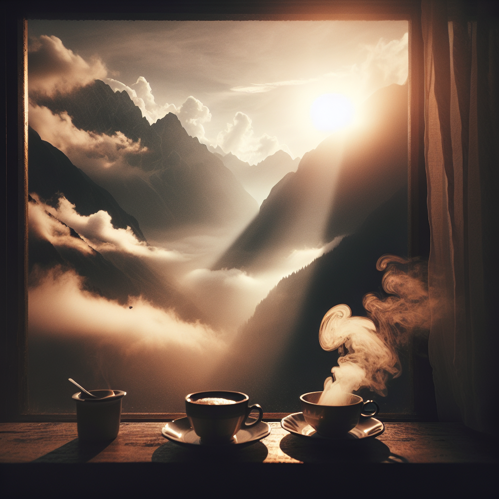 Morgenlicht durch Fenster auf dampfendem Kaffee und Wolken, die träge über Berggipfel ziehen