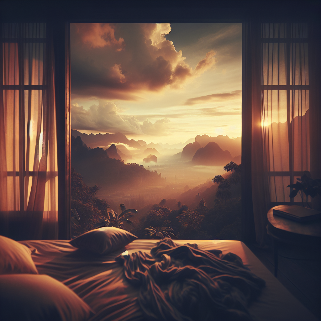 Blick aus Fenster, warmes Abendlicht, Berge in der Ferne unter wolkigem Himmel