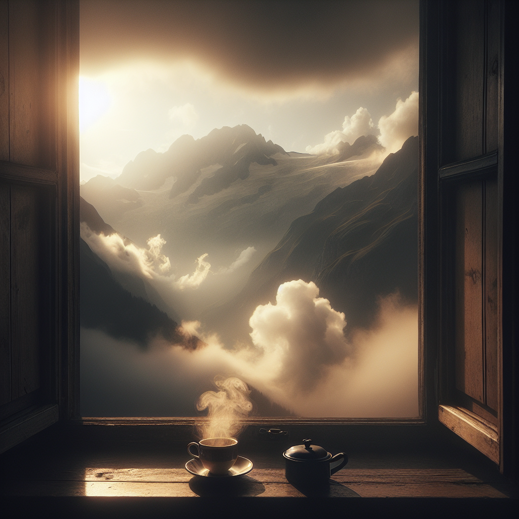 ~ Ein Fensterbrett im Morgenlicht, Kaffee dampft sanft davor, während Wolken träge über Berggipfel ziehen ~