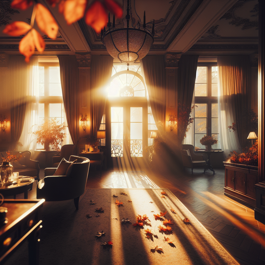 ~ Morgensonne durch Fenster, die Hoteleinrichtung erleuchtet, Herbstblätter am Eingang ~