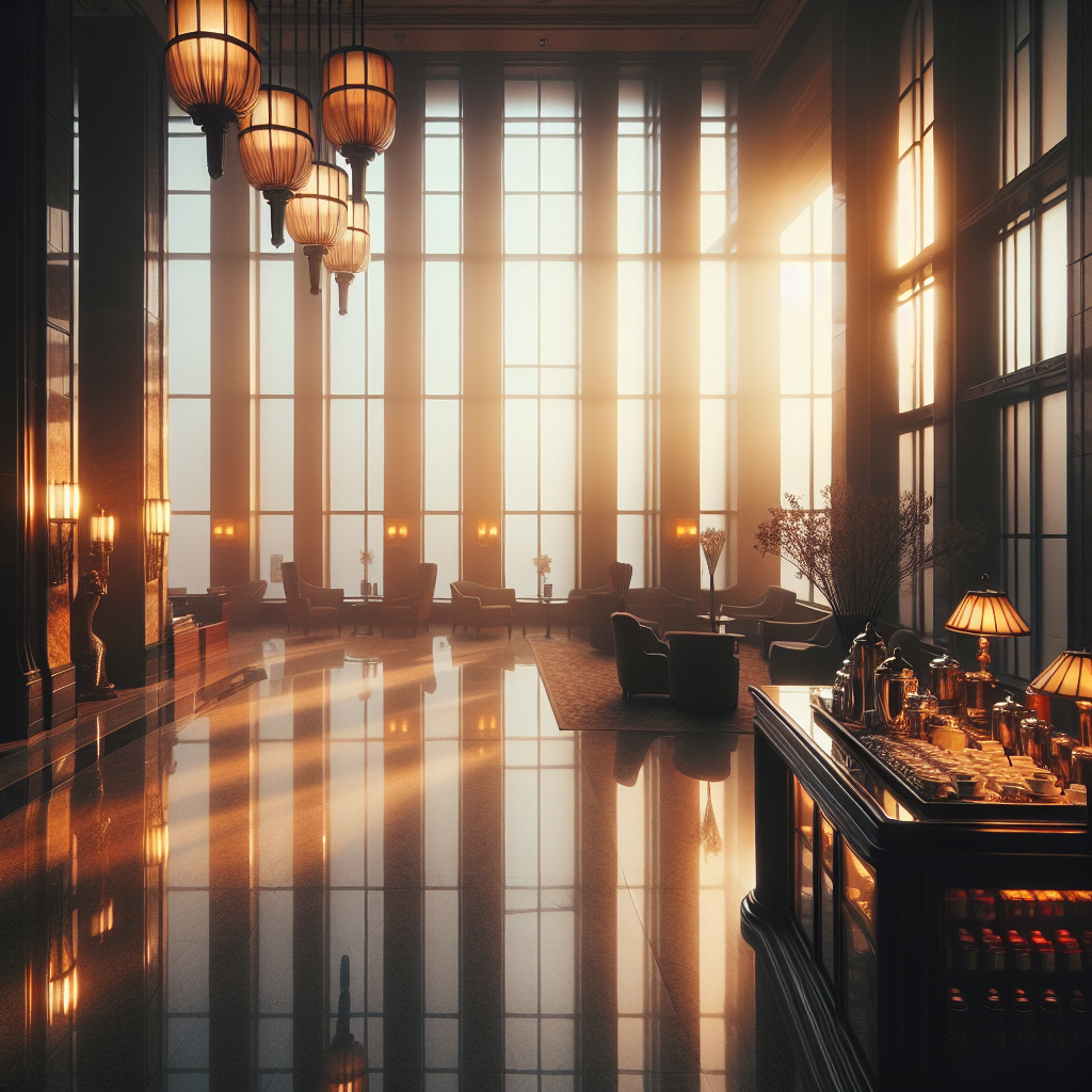 ~ Morgenlicht durch beschlagene Fenster; polierte Lobby mit Kaffee und Tee ~