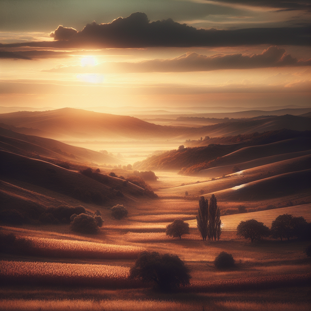 Ein Bild von ungarischer Landschaft im Herbstlicht, sanfte Hügel und weite Felder