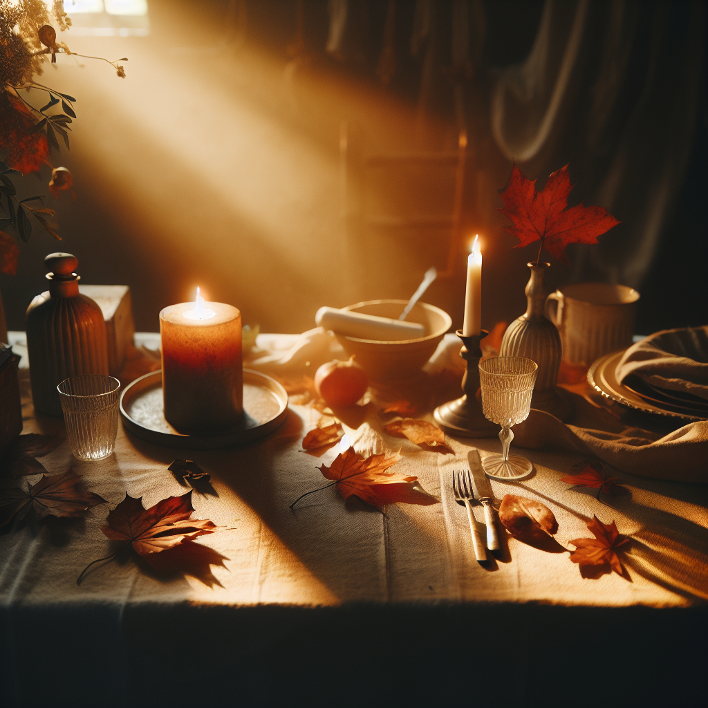 Ein Tisch mit einer flackernden Kerze im warmen Abendlicht, umgeben von herbstlichen Schatten.