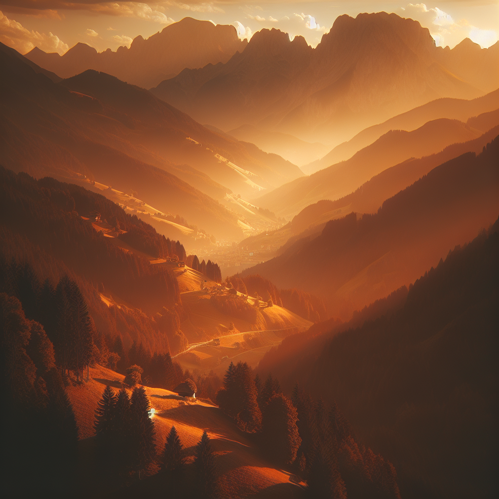 Eine warme Abendlandschaft der Tiroler Berge, umgeben von goldenem Licht.