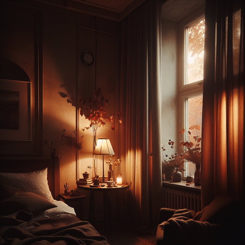 Herbstabendlicht im Hotelzimmer, gedämpfte Wärme