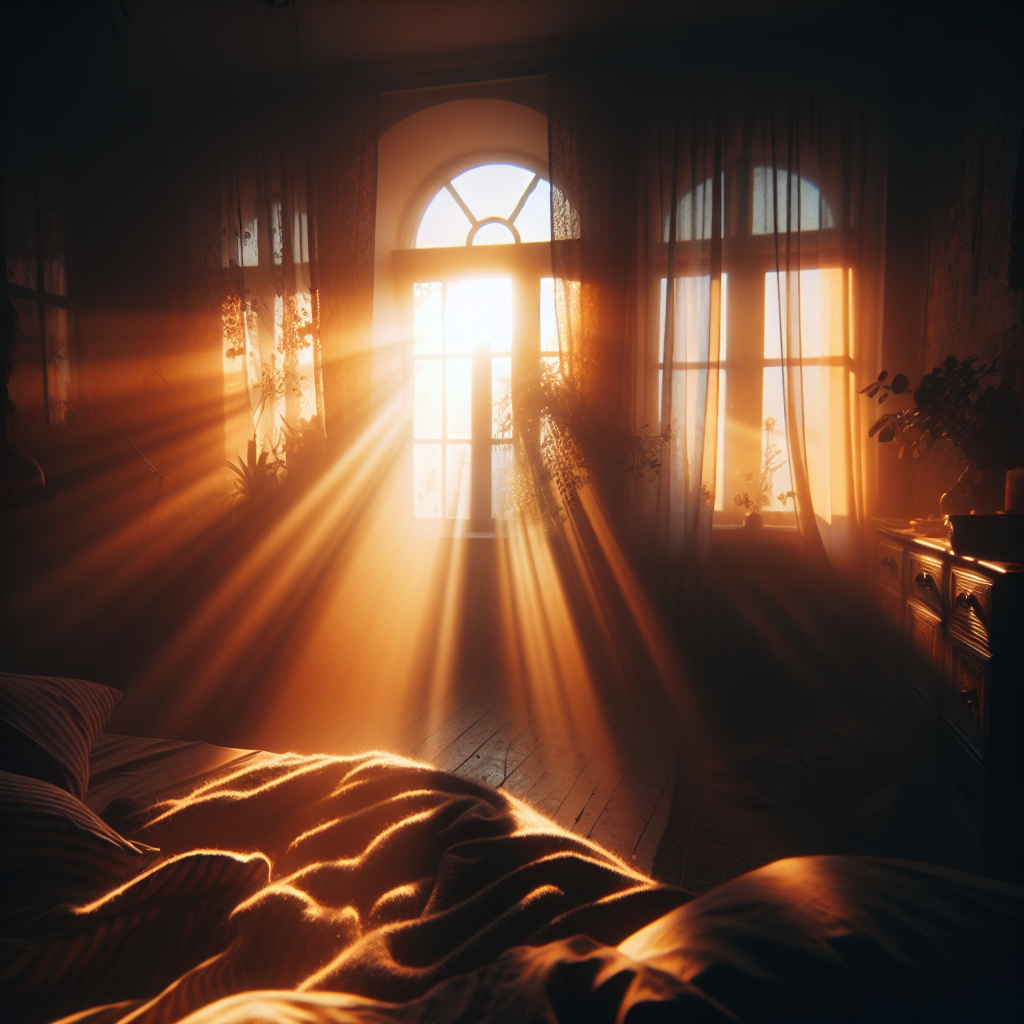 Sonnenstrahlen dringen durch das Fenster, tauchen den Raum in warmes Morgenlicht.