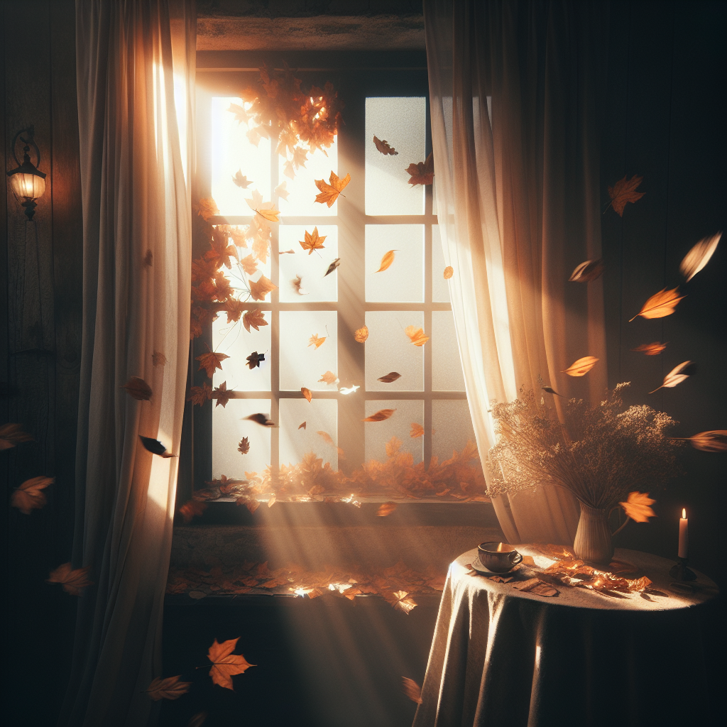 Morgenlicht strahlt sanft durch ein Fenster, umrahmt von tanzenden Herbstblättern.