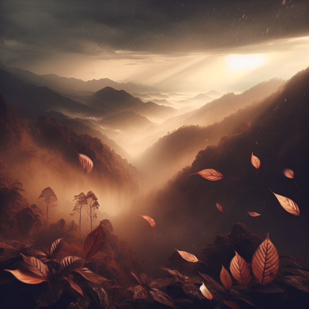 ~ Nebel, der über den Bergen liegt, mit fallenden Blättern im Vordergrund ~