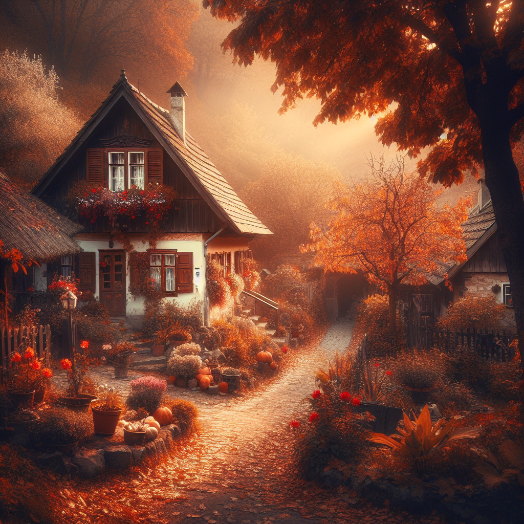 ~ Ein Bild von einem ungarischen Dorf im Herbst, mit bunten Blättern und einem alten Haus ~